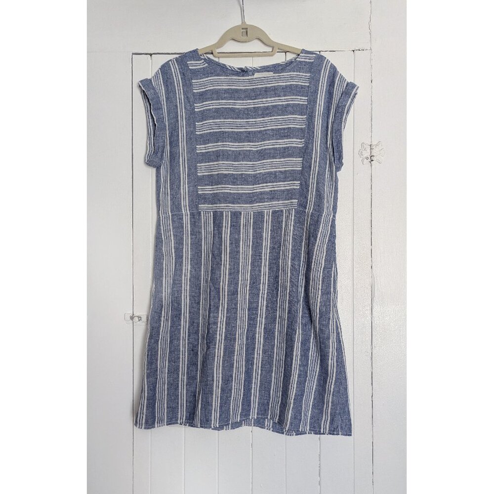 Caslon Striped Linen Shift Dress Blue White Short Sleeves Pockets Size S